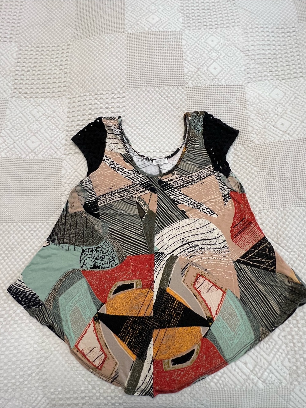 Anthropologie Multicolor Abstract Scoop-Neck Top with Black Cap Sleeves size S